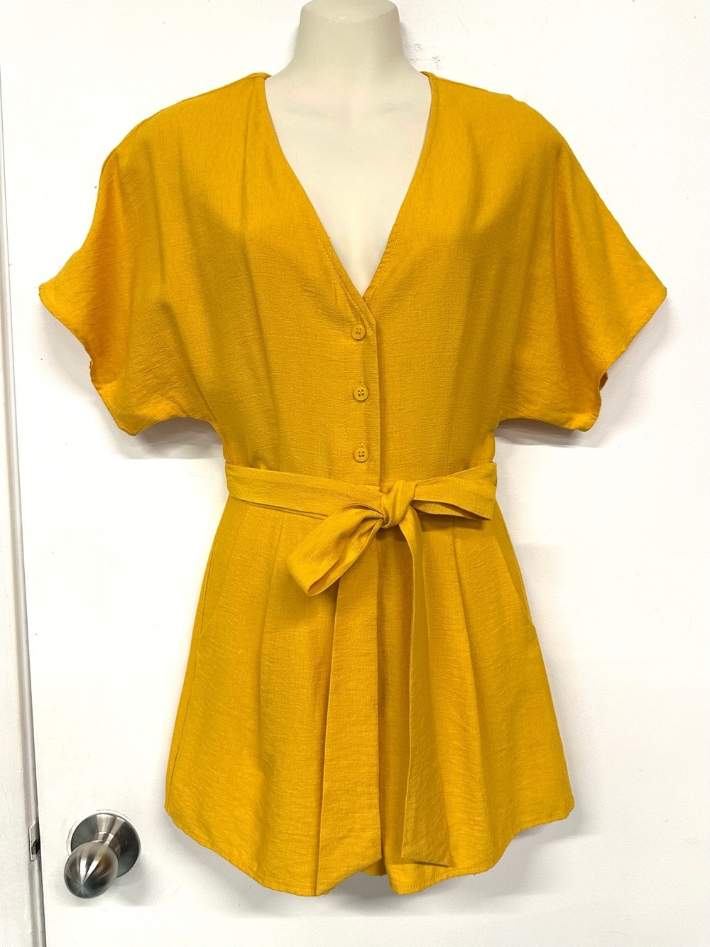 Lost + Wander Mustard Belted Romper XS Pockets Button Front Tie Waist Summer